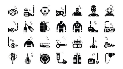 Collection of Black Silhouette Scuba Diving Equipment and Underwater Tools Flat Vector Illustration Set Isolated on White Background