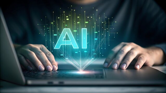 Person interacting with a glowing holographic ai interface projected from a laptop keyboard