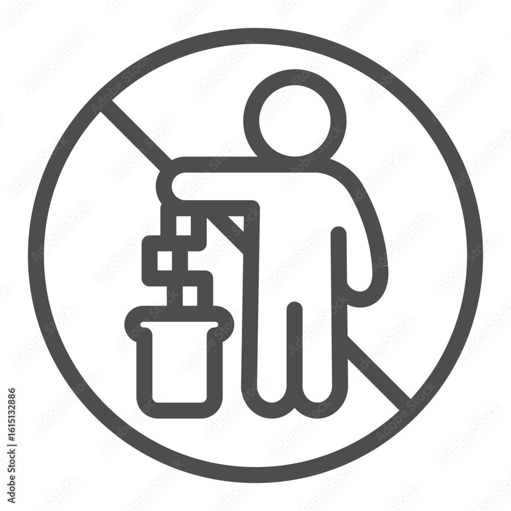 Poster no symbol with man, garbage and trash can line icon, prohibition concept, pollution is forbidden sig