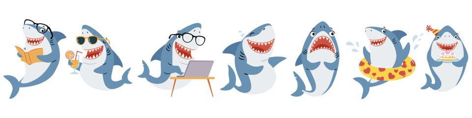Set of flat vector illustrations in simple style. Cute sharks in different situations and poses. Vector illustration