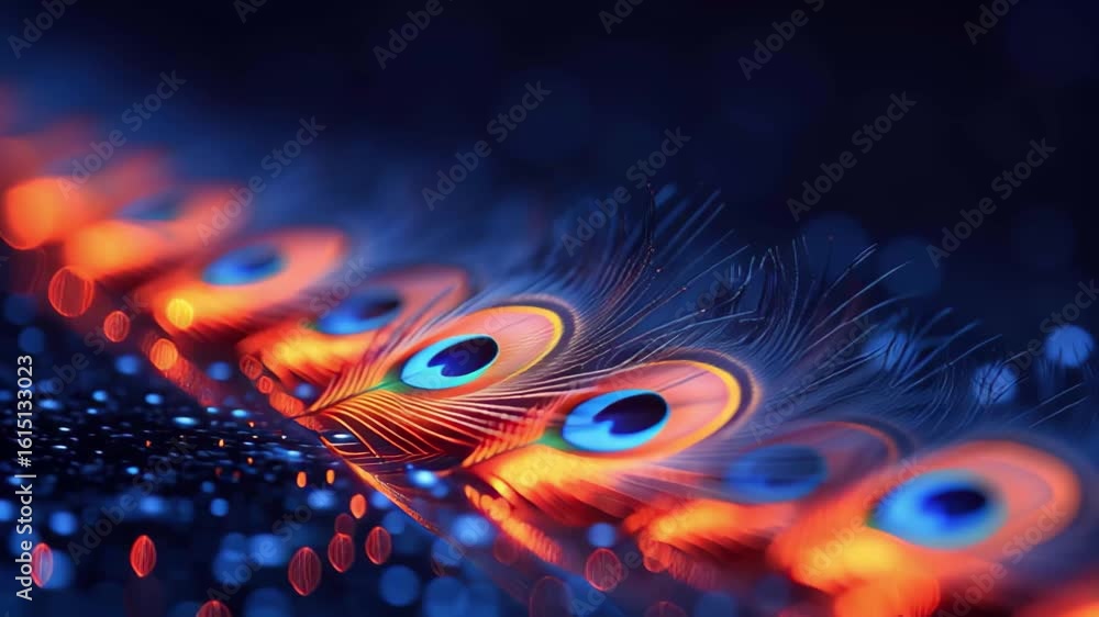 Poster vibrant peacock feather showcasing intricate patterns and colors in soft lighting