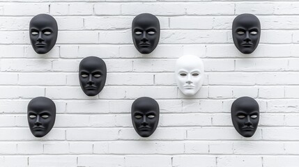 Black and White Masks on White Brick Wall - Concept of Individuality and Conformity