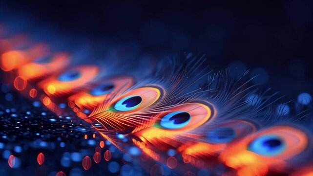 Vibrant peacock feather showcasing intricate patterns and colors in soft lighting