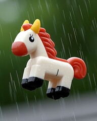 Toy Unicorn in Rainy Weather: Whimsical Plastic Animal Against Blurred Green Background