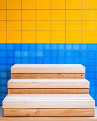 Wooden Steps Against Bright Yellow and Blue Tiled Wall - Modern Geometric Design