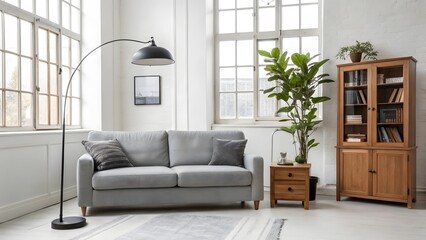 Contemporary Living Room with Gray Sofa, Wooden Cabinet, Floor Lamp, and Large Windows View