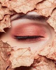 Autumn-Themed Beauty: Close-Up of Eye with Fall Leaves and Warm Makeup Shades