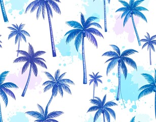 Tropical palm trees pattern with watercolor splashes