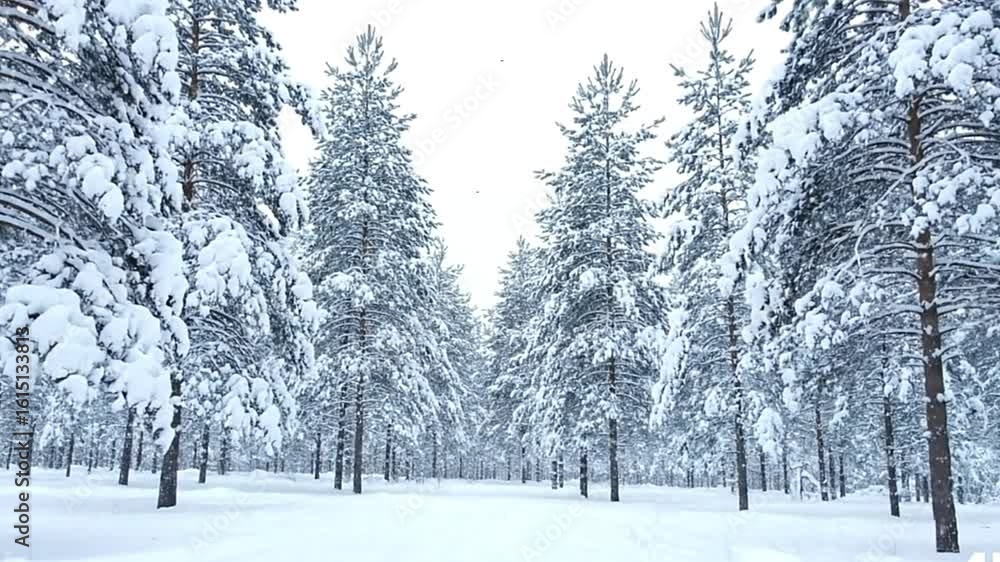Poster snowcovered pine trees line a path through a winter forest