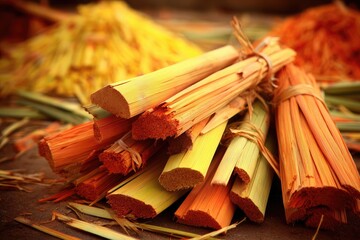 Dried, bundled reeds in vibrant colors