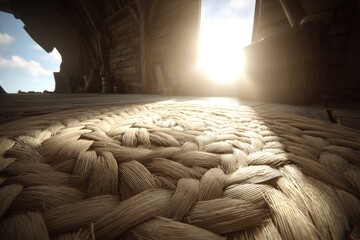 Sunbeams illuminate a woven floor mat inside a rustic, damaged building