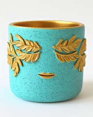 Artistic Turquoise Ceramic Vase with Gold Leaf Design and Decorative Face Motif