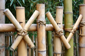 Close-up of a bamboo fence with crossed supports