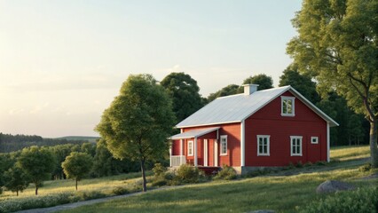 Obraz premium Charming Red House Surrounded by Green Trees in a Scenic Landscape
