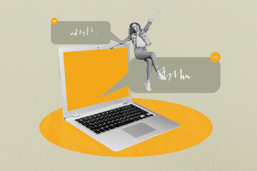 Pop image collage of person sit have fun gadget netbook with speech bubble on khaki background