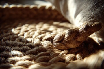 Close-up of a woven, light beige basket
