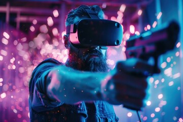 Fototapeta premium Bearded man immersed in VR shooter game with glowing targets and explosions