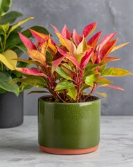 Vibrant Indoor Foliage in Green Ceramic Pot on Trendy Gray Surface