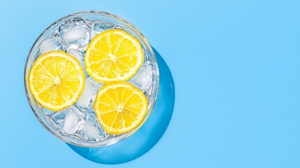Refreshing Lemon Water on Ice Against a Bright Blue Background: Summer Hydration Concept