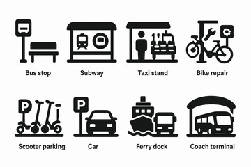 Transport and travel silhouette icon set. commuting, mobility essentials pack