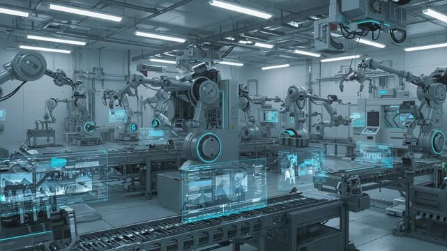 An Advanced Robotic Manufacturing Facility Showcasing Automated Machinery and Futuristic Technology with Integrated Display Screens for Enhanced Production Efficiency