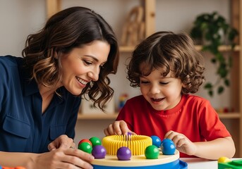 Joyful mother and child engaged in play with a colorful educational toy