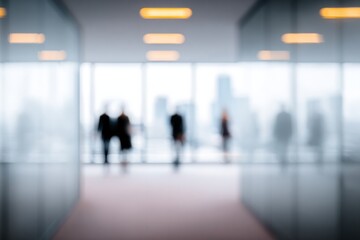 Blurred Business Silhouettes in Modern Office Environment with Urban Cityscape Background for Corporate Presentations and Marketing Material