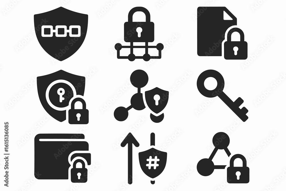 Poster security and privacy icon set. protect your data with solid security icons