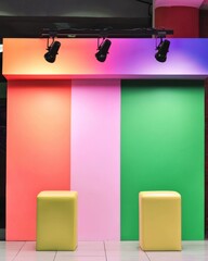 Colorful Minimalist Interior with Vibrant Lights and Geometric Design