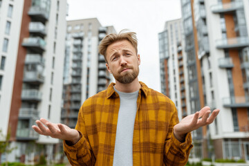Unhappy man expressing disappointment in front of modern residential buildings. Housing crisis.