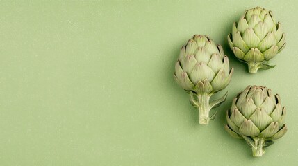 Three Fresh Artichokes on Pastel Green Background. Minimalist Organic Vegetable Concept