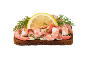 A single, meticulously crafted Danish Smørrebrød with pink shrimp, green dill, and lemon on dark rye bread, isolated on a transparent background with no shadows, concept of delicious food presentation