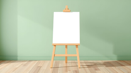 Easel with blank canvas stands in minimalist room, sage green wall background. Wooden tripod for artist painter studio presentation. Mockup template of empty board for exhibition. Artwork creation