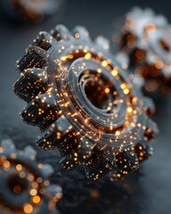 A conceptual image of gears interlocking, with one gear made of light and digital patterns, in innovation. Corporate and Business AI Future Tech and Innovation Digital Lifestyle and Connectivity