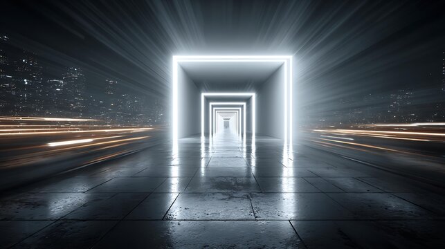 A digital tunnel of light with a clear path forward, symbolizing AI guiding businesses through digital  Corporate and Business AI Future Tech and Innovation Digital Lifestyle and Connectivity