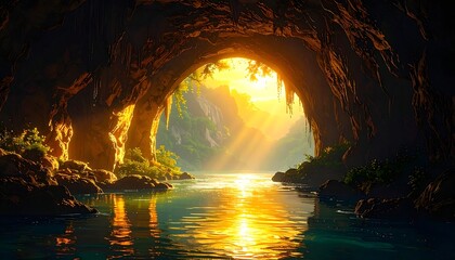 Sunlit cave opening onto a calm river and mountainous landscape