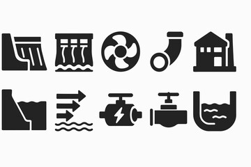Water, energy silhouette icon set. dam, pipe, valve, pump, renewable energy symbols