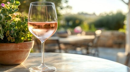 Obraz premium Ros? wine glass on outdoor patio