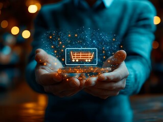 Business professional interacting with a 'Buy Now' button on a virtual screen,