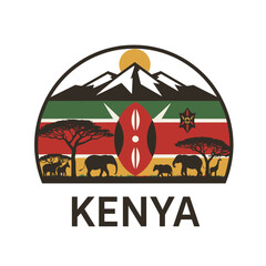 Vector illustration of Kenya with Mount Kenya, wildlife, sun, and national flag in background. Safari and culture travel concept
