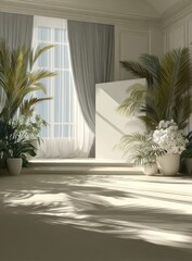 Fototapeta premium Bright, airy room with plants & sunlight casting shadows. Tall window draped with fabric, steps to platform w/ blank canvas. Interior design emphasizes simplicity and natural elements
