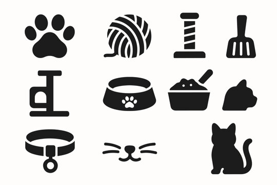 Pet care silhouette icon set. cat, dog essentials silhouette collection.