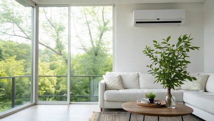 Bright Living Room Interior with White Sofa, Green Plants, and Large Windows Overlooking Trees
