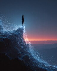 Obraz premium A human figure standing on a digital mountain peak, overlooking a landscape of connected data points, Corporate and Business AI Future Tech and Innovation Digital Lifestyle and Connectivity
