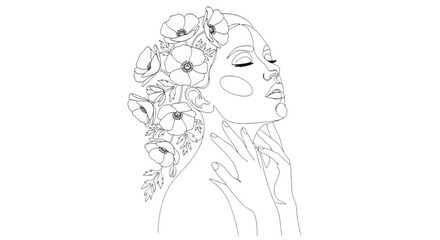 Elegant line art drawing of a womans face adorned with delicate flowers in her hair isolated on transparent background