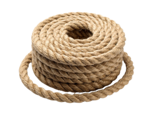 A tightly coiled, thick, natural fiber rope with a rough texture and twisted strands.