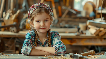 a girl child works in a carpentry workshop, a man's hobby
