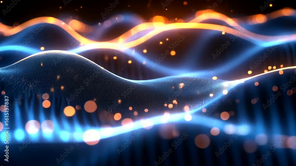 Poster abstract glowing particle wave background with blue and orange light effect
