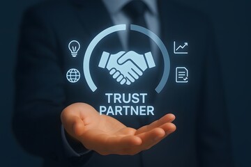 Trust Partner Concept Hand Holding a Handshake Icon with Business Symbols