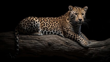 Fototapeta premium Majestic jaguar resting on a dark log against a black background